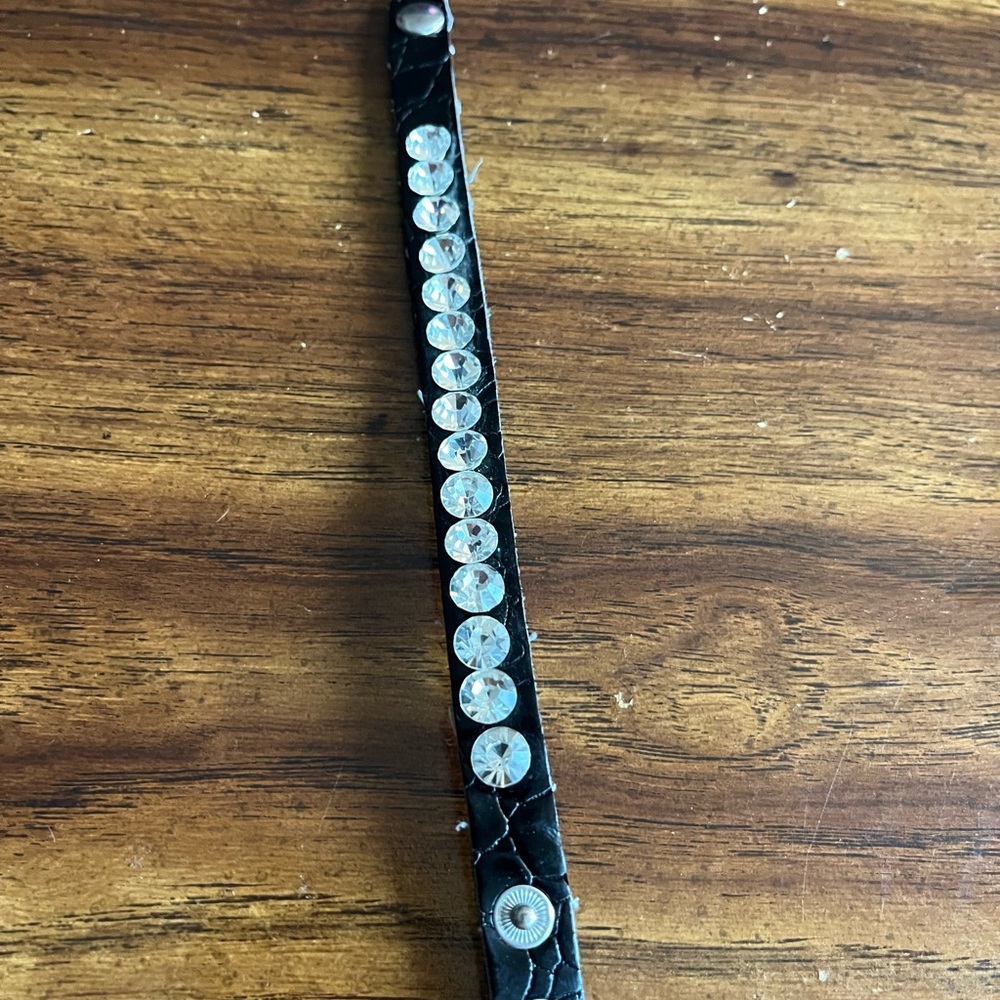 Black Leather Bracelet with Clear Rhinestones
